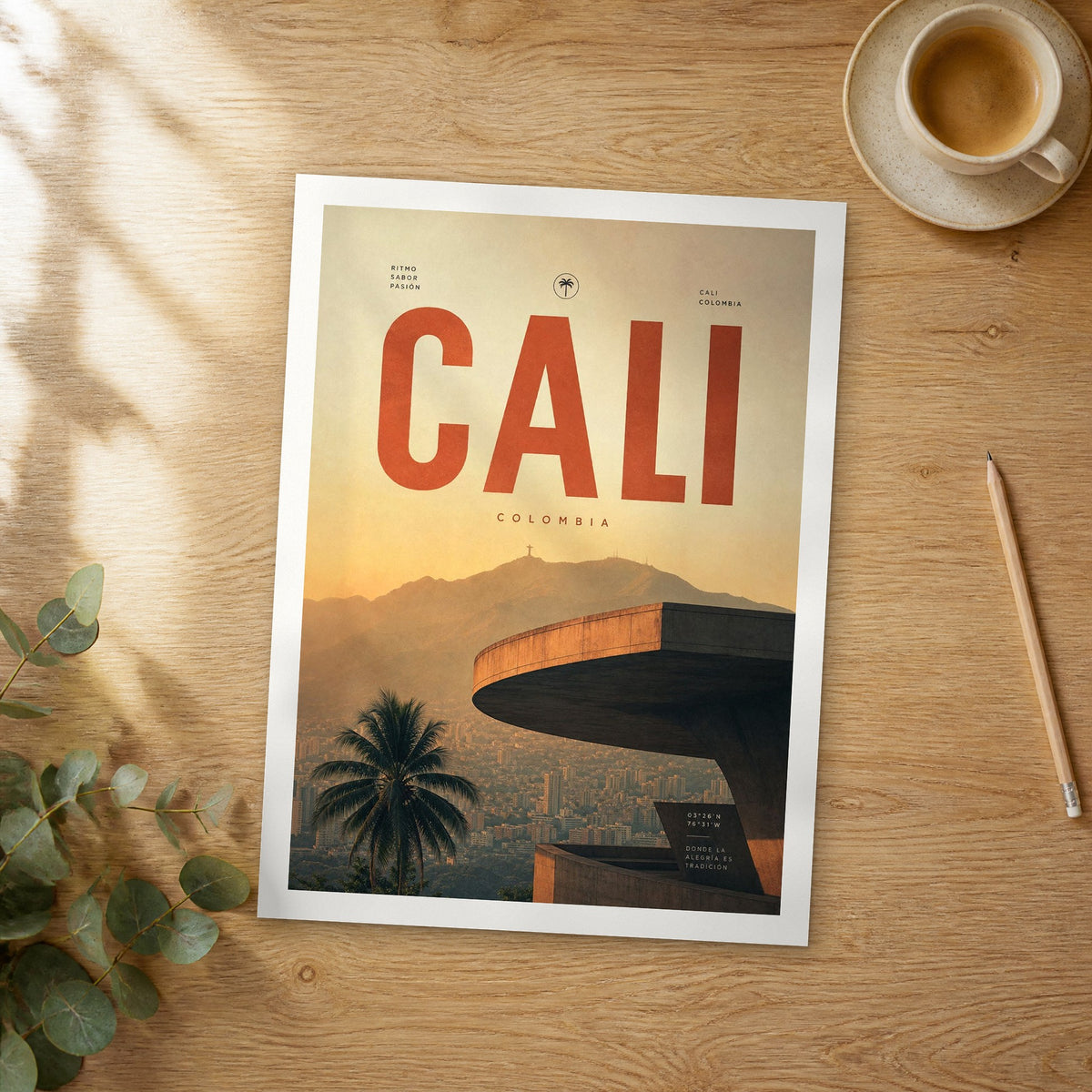 Unframed Cali Modernist Overlook bold typography travel poster on a wooden table