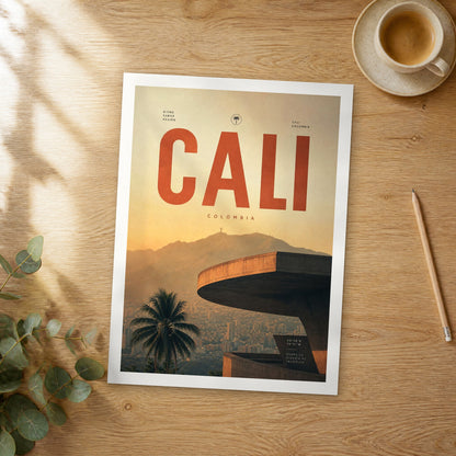 Unframed Cali Modernist Overlook bold typography travel poster on a wooden table