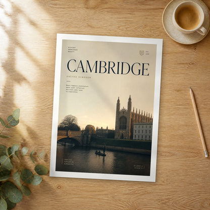 Unframed Cambridge bold typography travel poster on a wooden table