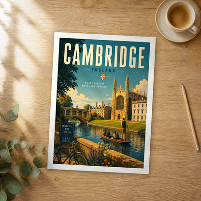 Unframed Cambridge retro travel poster on a wooden table