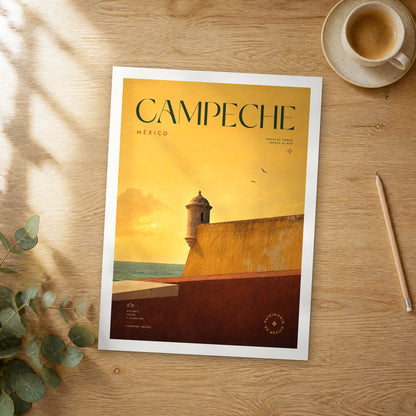 Unframed Campeche bold typography travel poster on a wooden table