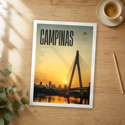 Unframed Campinas bold typography travel poster on a wooden table