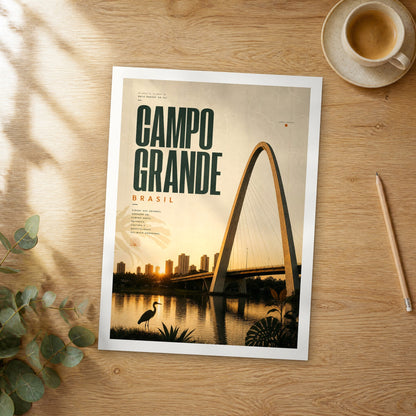 Unframed Campo Grande bold typography travel poster on a wooden table