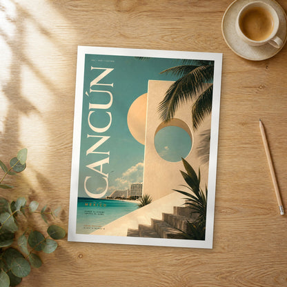 Unframed Cancun bold typography travel poster on a wooden table