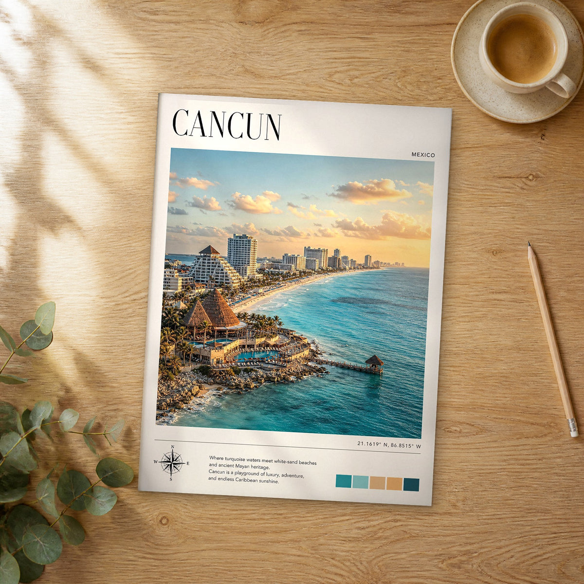 Unframed Cancun modern photography travel poster on a wooden table