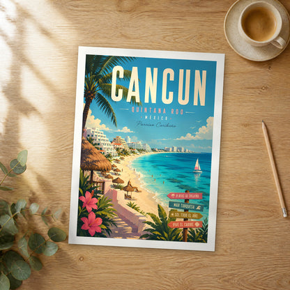 Unframed Cancun retro travel poster on a wooden table