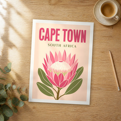 Unframed Cape Town pop art travel poster on a wooden table