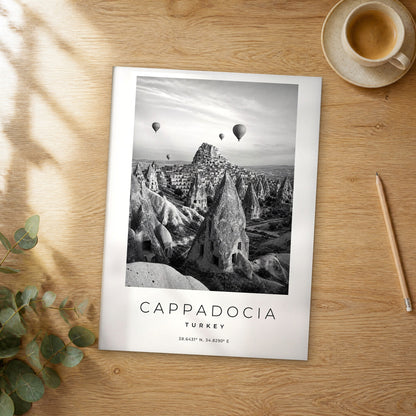 Unframed Cappadocia black and white travel poster on a wooden table