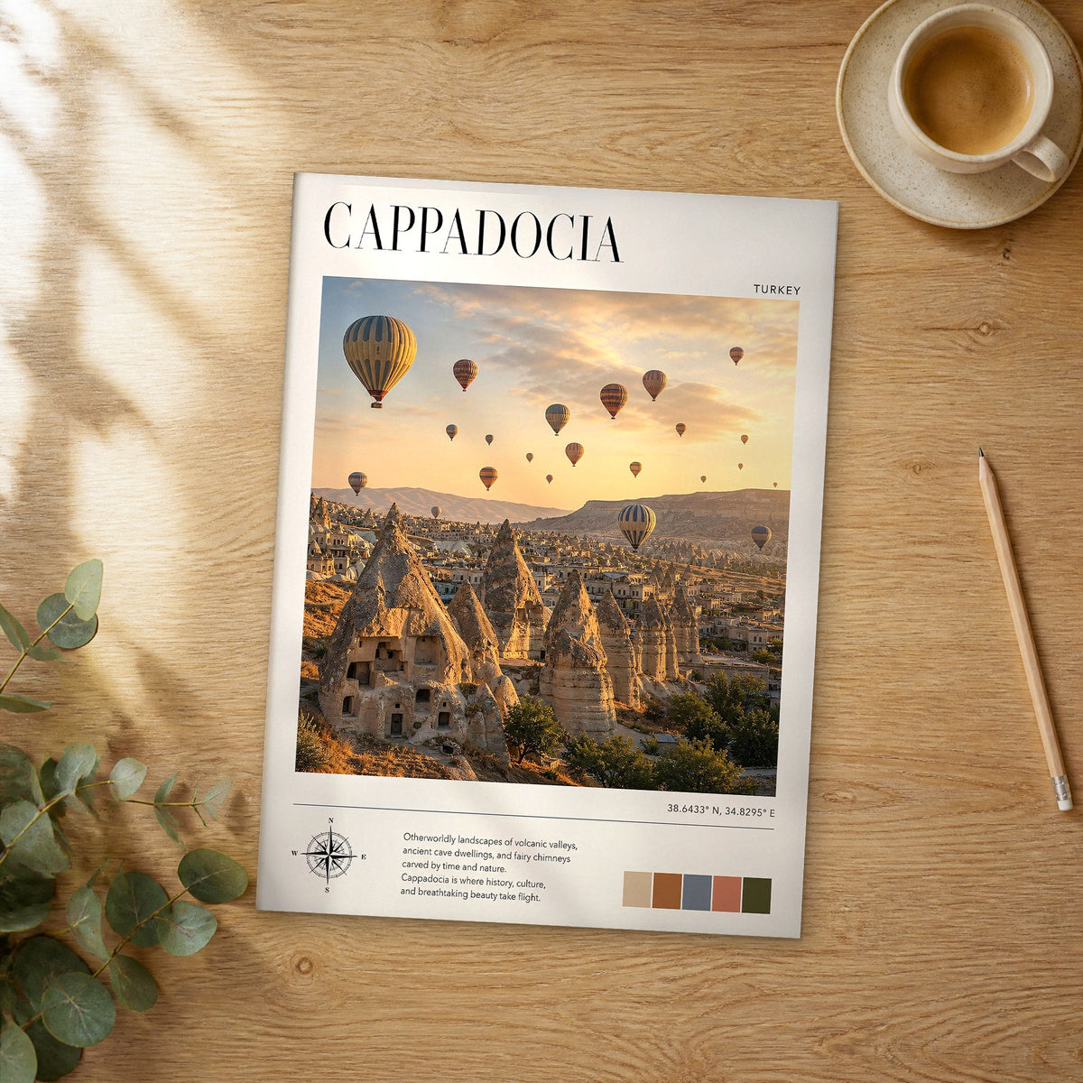 Unframed Cappadocia modern photography travel poster on a wooden table