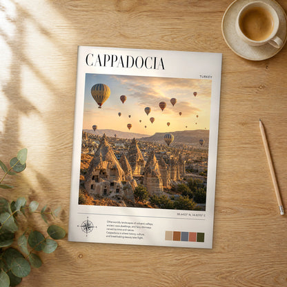 Unframed Cappadocia modern photography travel poster on a wooden table