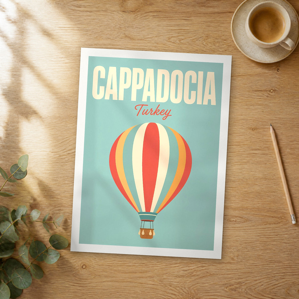Unframed Cappadocia pop art travel poster on a wooden table