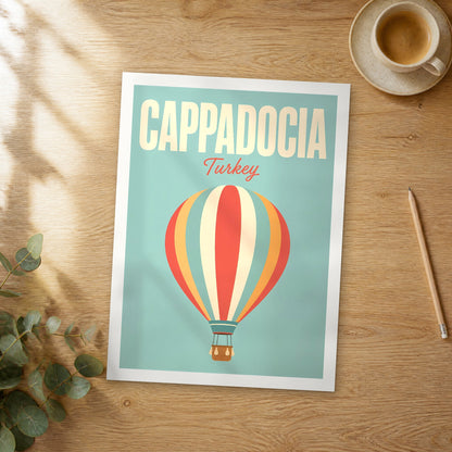 Unframed Cappadocia pop art travel poster on a wooden table