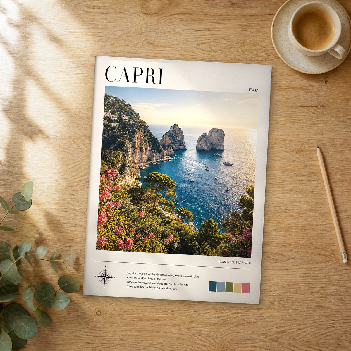 Unframed Capri modern photography travel poster on a wooden table