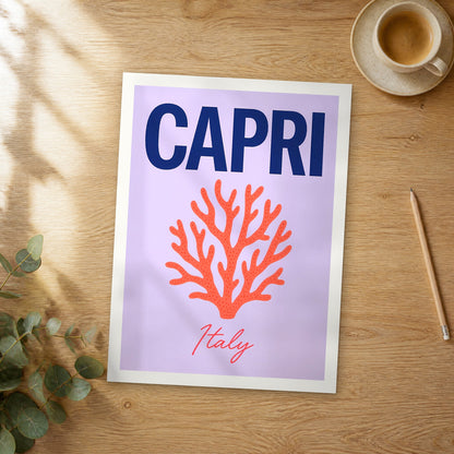Unframed Capri pop art travel poster on a wooden table