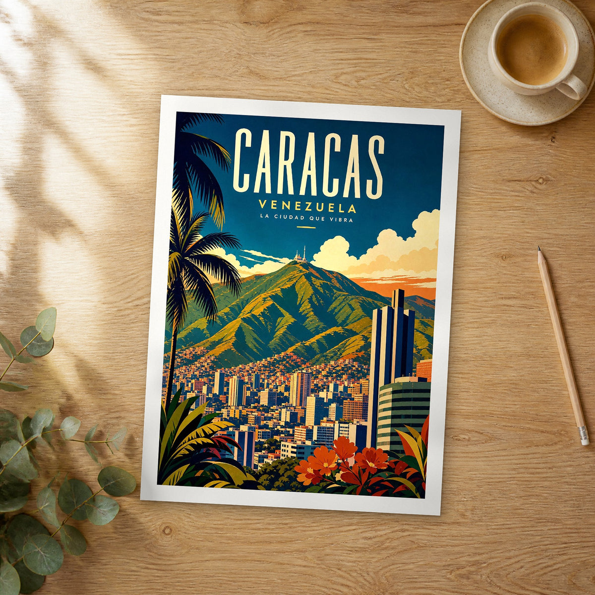 Unframed Caracas retro travel poster on a wooden table