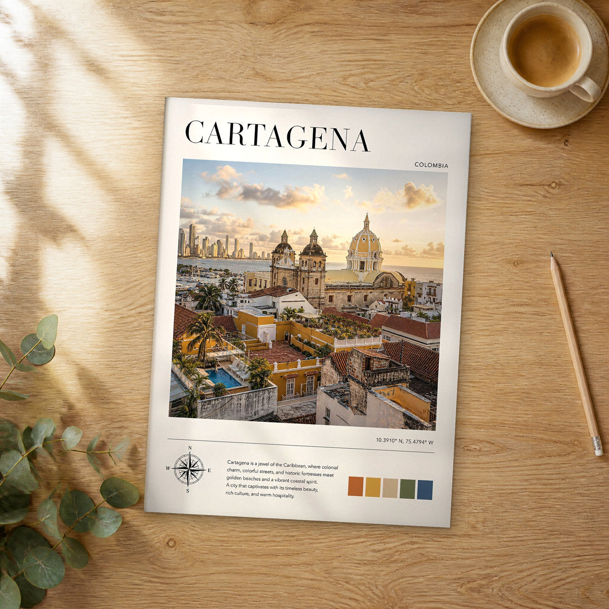 Unframed Cartagena modern photography travel poster on a wooden table