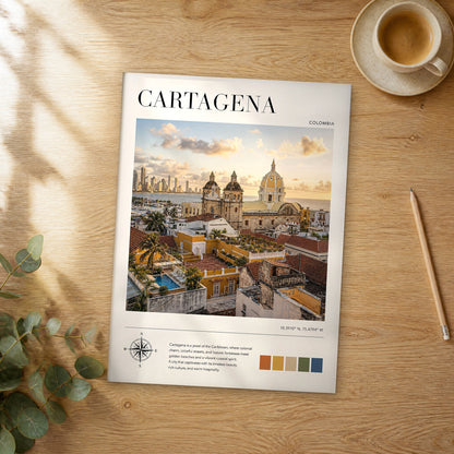 Unframed Cartagena modern photography travel poster on a wooden table