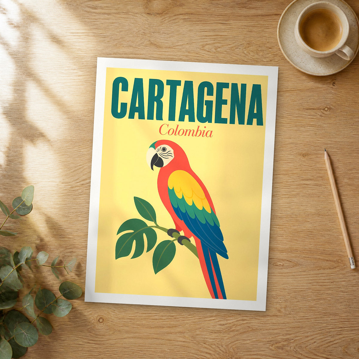 Unframed Cartagena pop art travel poster on a wooden table