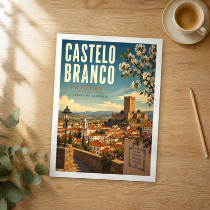 Unframed Castelo Branco retro travel poster on a wooden table