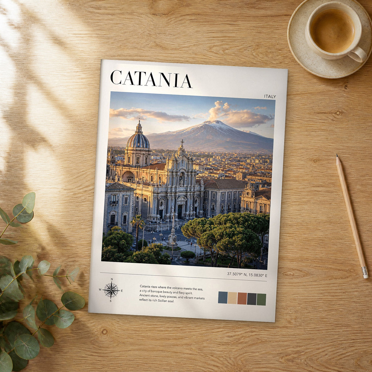 Unframed Catania modern photography travel poster on a wooden table