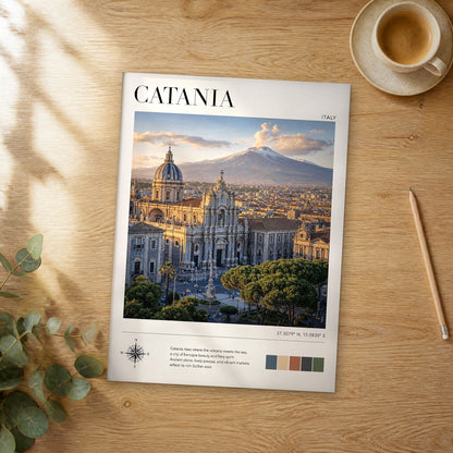 Unframed Catania modern photography travel poster on a wooden table