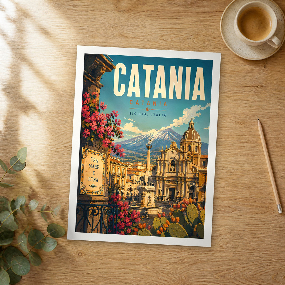 Unframed Catania retro travel poster on a wooden table
