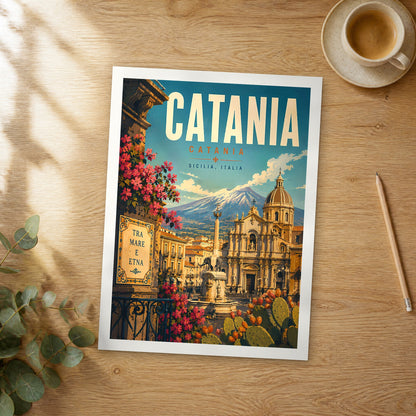 Unframed Catania retro travel poster on a wooden table