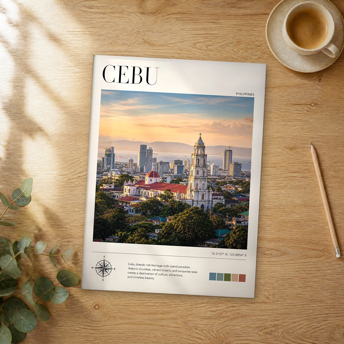 Unframed Cebu modern photography travel poster on a wooden table