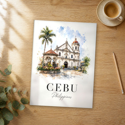 Unframed Cebu watercolor travel poster on a wooden table