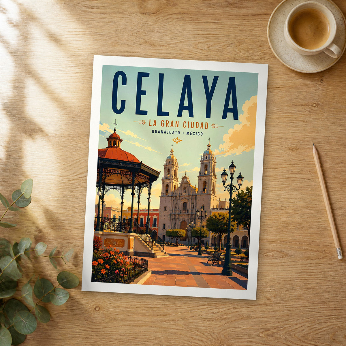 Unframed Celaya retro travel poster on a wooden table
