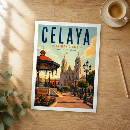 Unframed Celaya retro travel poster on a wooden table