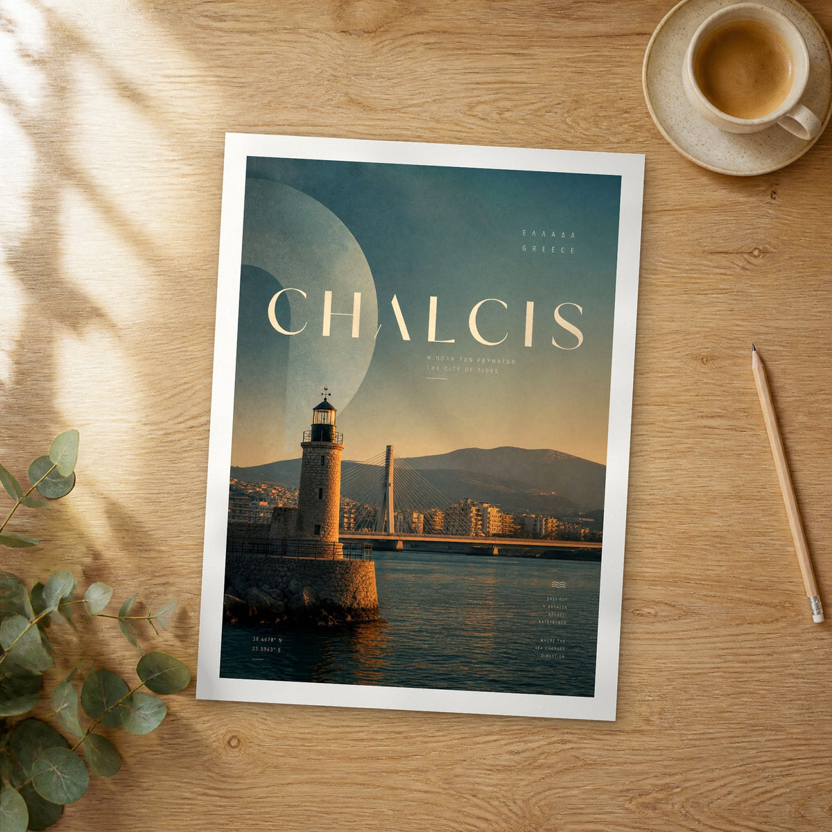 Unframed Chalcis bold typography travel poster on a wooden table
