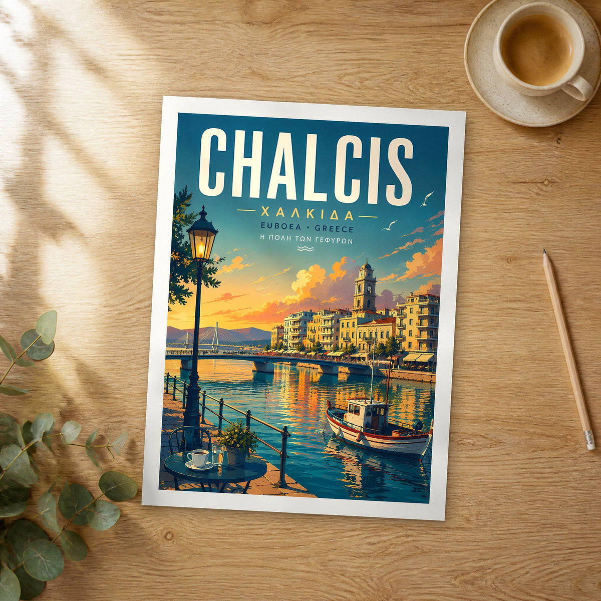 Unframed Chalcis retro travel poster on a wooden table