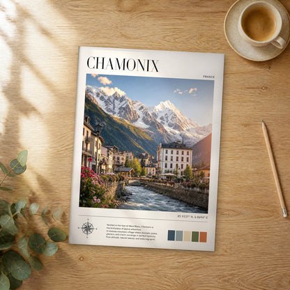 Unframed Chamonix modern photography travel poster on a wooden table