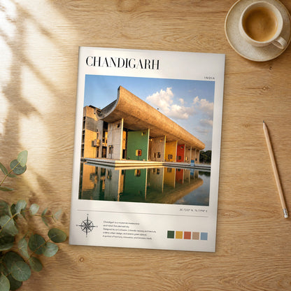 Unframed Chandigarh modern photography travel poster on a wooden table