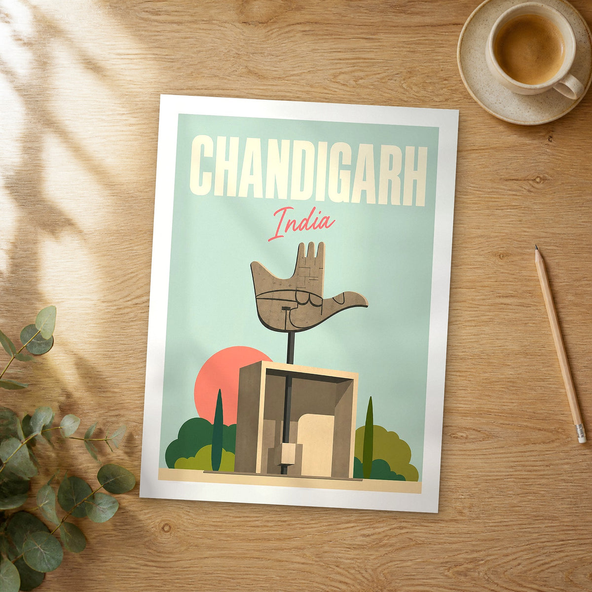 Unframed Chandigarh pastel pop art travel poster on a wooden table