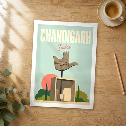 Unframed Chandigarh pastel pop art travel poster on a wooden table