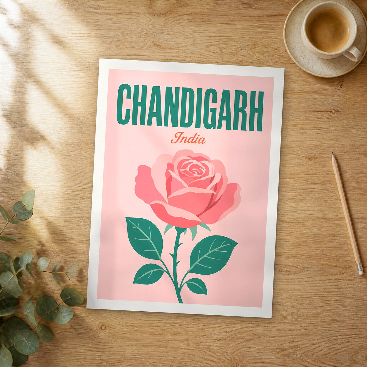 Unframed Chandigarh pop art travel poster on a wooden table
