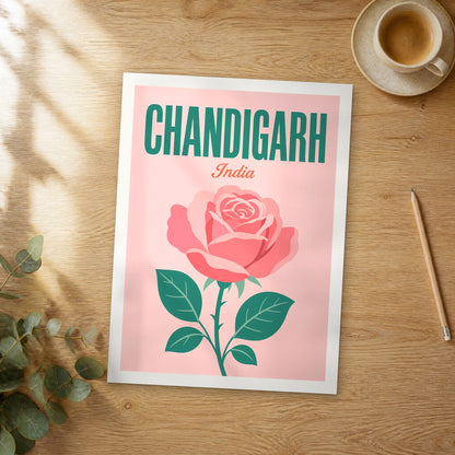 Unframed Chandigarh pop art travel poster on a wooden table