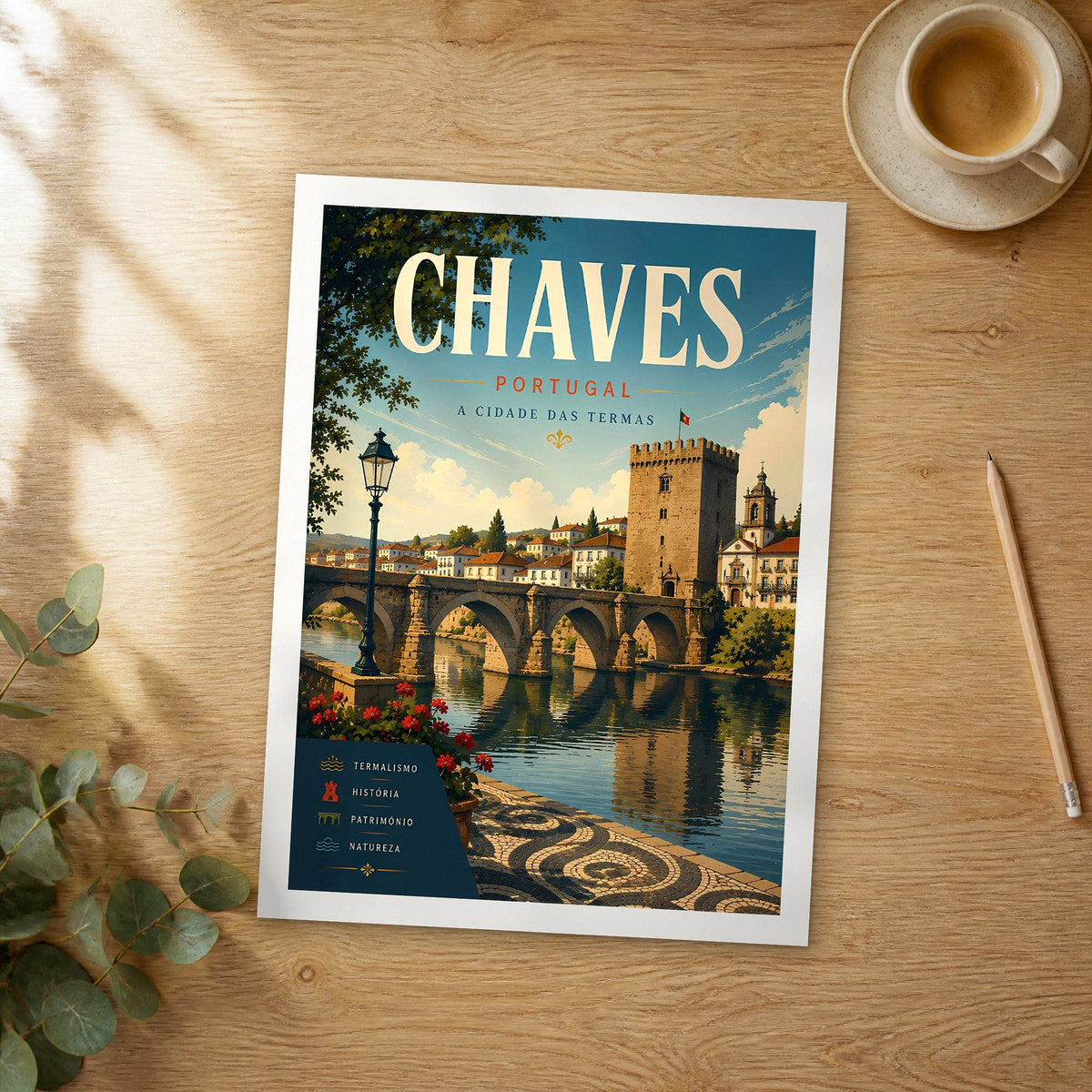 Unframed Chaves retro travel poster on a wooden table
