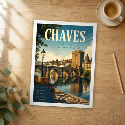 Unframed Chaves retro travel poster on a wooden table