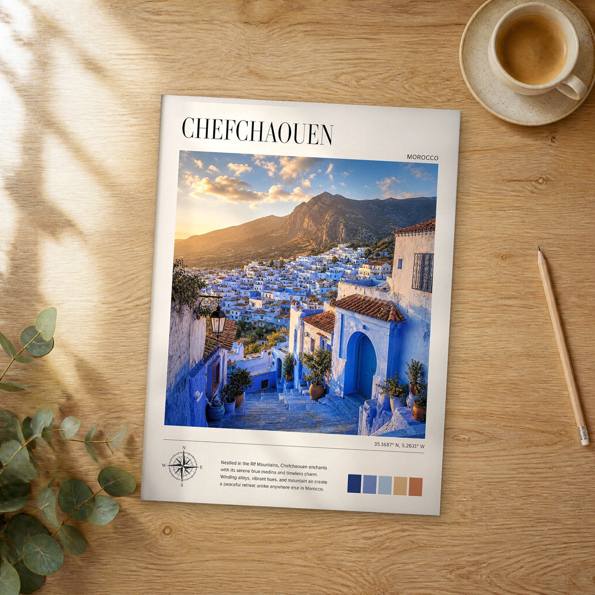 Unframed Chefchaouen modern photography travel poster on a wooden table