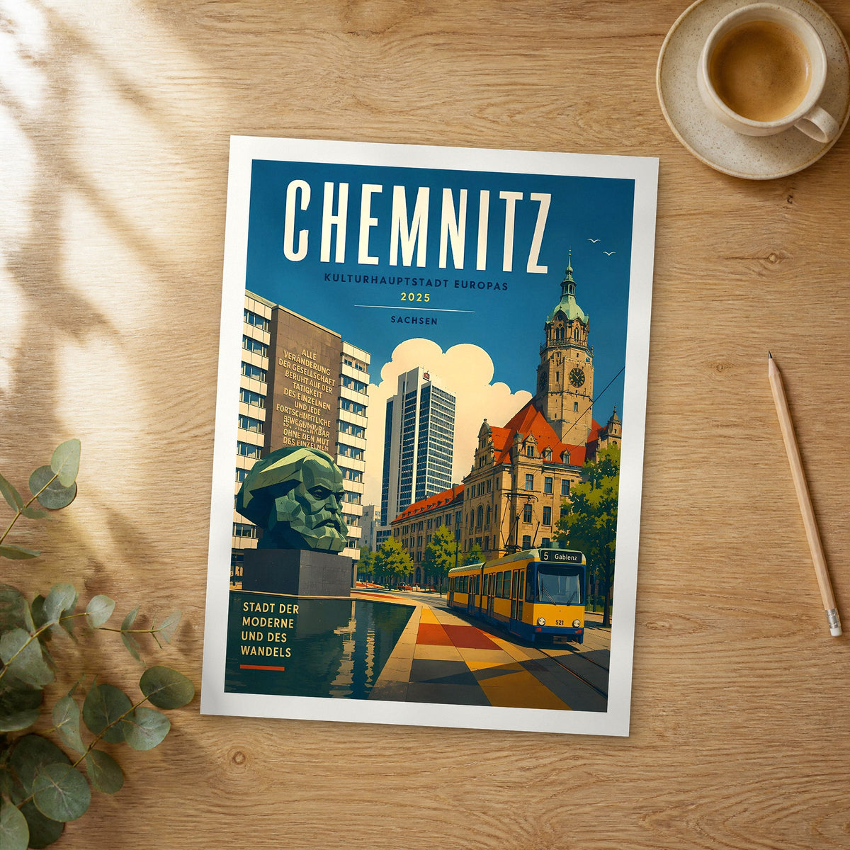 Unframed Chemnitz retro travel poster on a wooden table