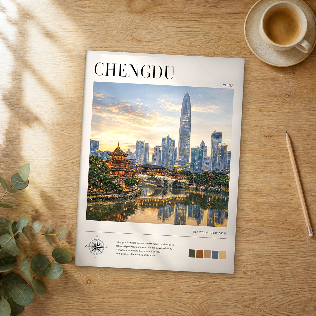Unframed Chengdu modern photography travel poster on a wooden table