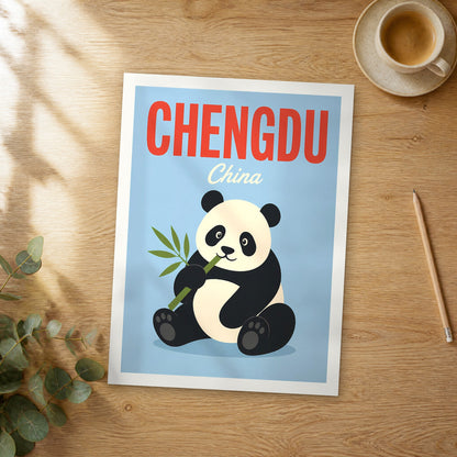 Unframed Chengdu pop art travel poster on a wooden table