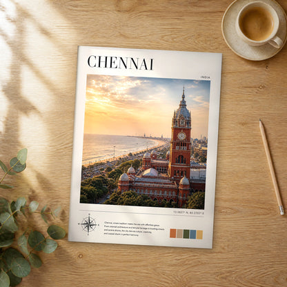 Unframed Chennai modern photography travel poster on a wooden table