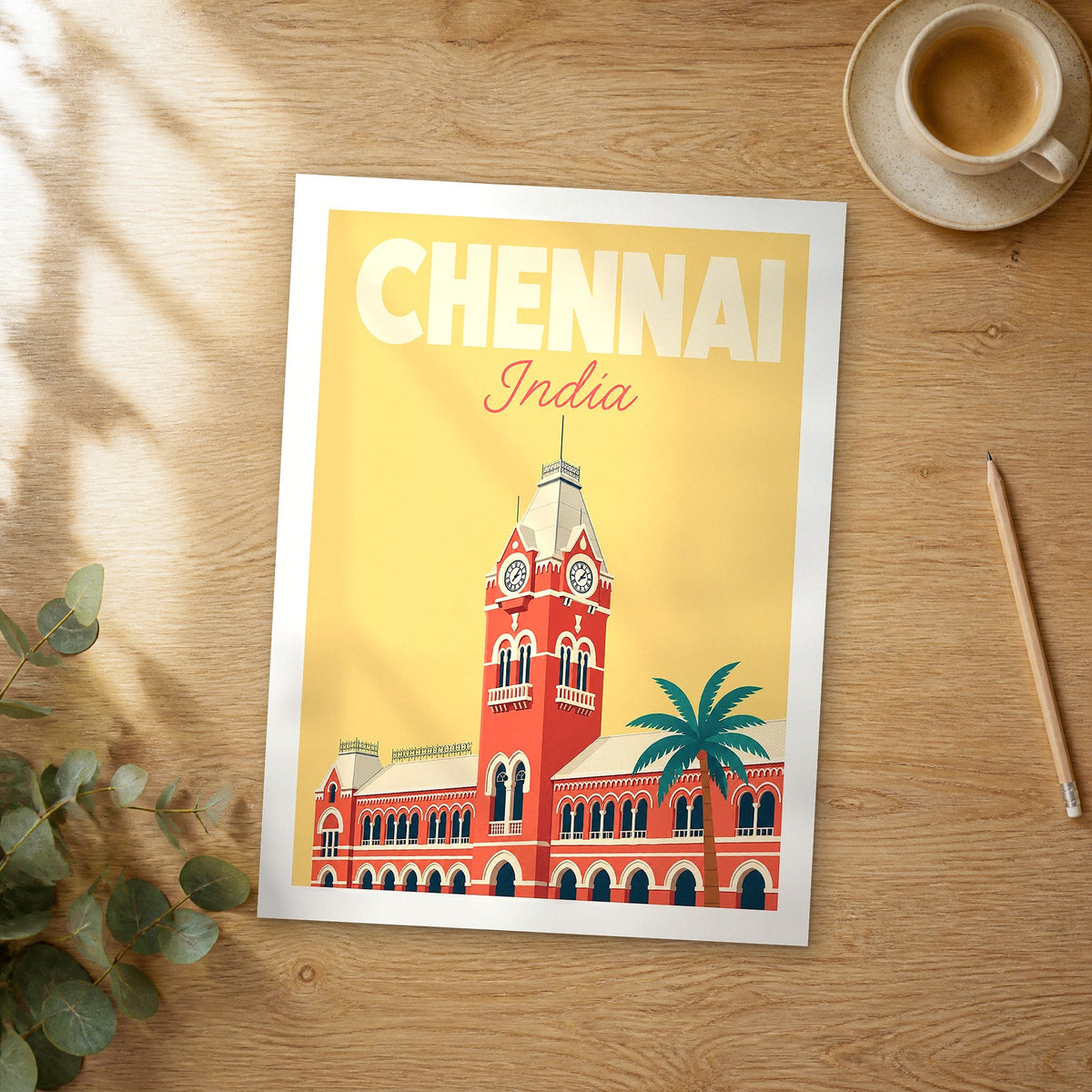 Unframed Chennai pastel pop art travel poster on a wooden table