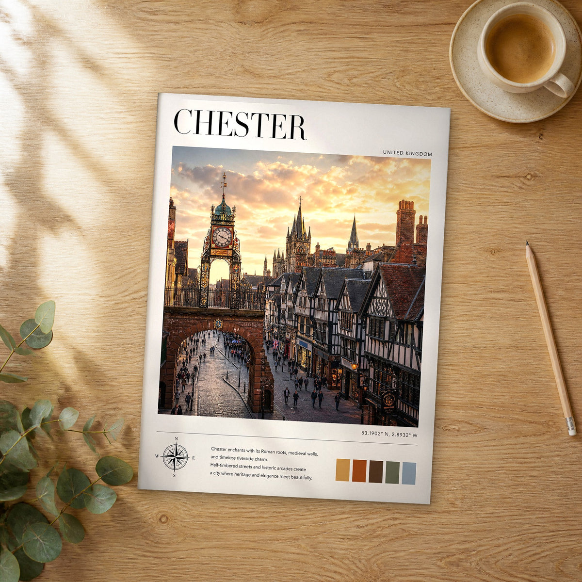 Unframed Chester modern photography travel poster on a wooden table