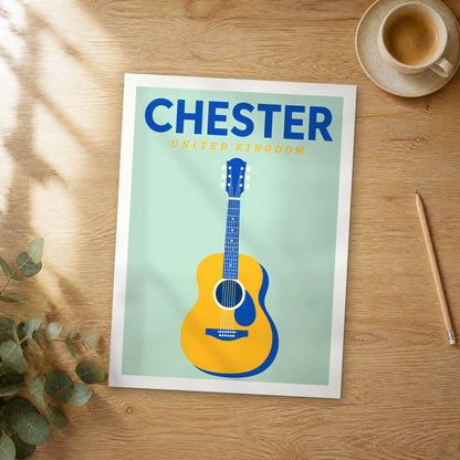 Unframed Chester pop art travel poster on a wooden table