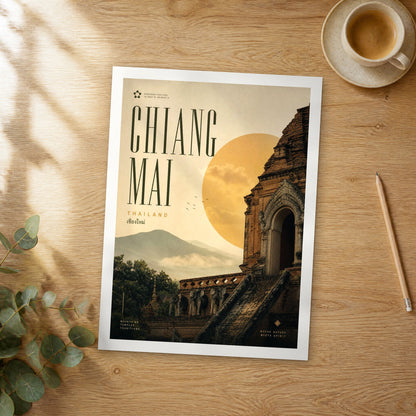 Unframed Chiang Mai bold typography travel poster on a wooden table